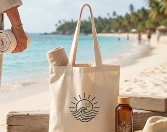 Bora mare Tote Bag Natural Canvas Sun and Waves Shopper Cotton Minimalist Boho Style