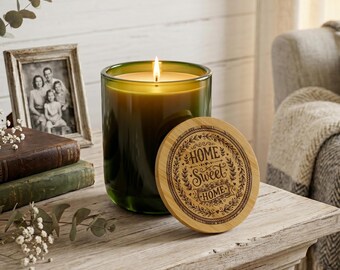 Soy candle 14oz "Home Sweet Home" eco-friendly gift new home glass green bamboo