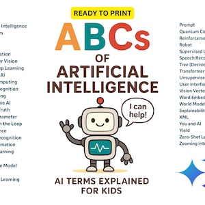 Könnte beinhalten: Ein farbenfrohes Lehrplakat mit dem Titel "ABCs of Artificial Intelligence" mit einer Roboterillustration. Das Plakat listet KI-Begriffe auf, die für Kinder erklärt werden, darunter "Machine Learning" und "Computer Vision".