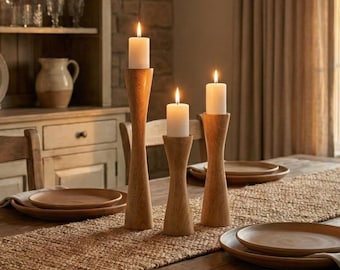 Solid Beech Wood Taper Candle Holders, Dark Walnut Finish - Hand Turned