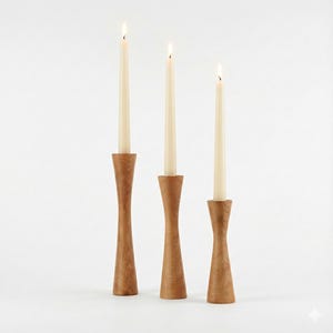 Mid Century Modern Wooden Candlestick Set (6", 8", 10") - Minimalist Taper Holder