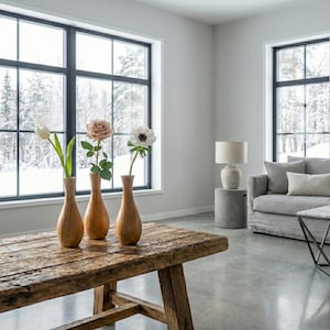 Puede incluir: Una mesa de madera r&uacute;stica con tres jarrones de madera con flores. Los jarrones est&aacute;n frente a una gran ventana con vistas nevadas. Un sof&aacute; gris y una l&aacute;mpara se ven en el fondo.