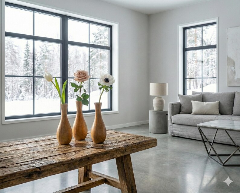 Puede incluir: Una mesa de madera r&uacute;stica con tres jarrones de madera con flores. Los jarrones est&aacute;n frente a una gran ventana con vistas nevadas. Un sof&aacute; gris y una l&aacute;mpara se ven en el fondo.