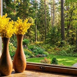 Puede incluir: Tres jarrones de madera con un acabado c&aacute;lido y natural sostienen flores amarillas brillantes. Los jarrones est&aacute;n sobre una superficie de madera frente a una ventana con vistas a un exuberante bosque y jard&iacute;n verdes.