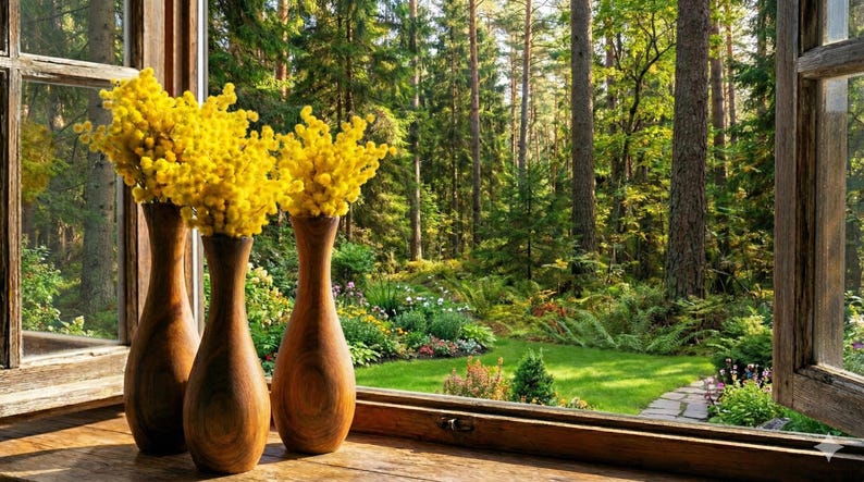 Puede incluir: Tres jarrones de madera con un acabado c&aacute;lido y natural sostienen flores amarillas brillantes. Los jarrones est&aacute;n sobre una superficie de madera frente a una ventana con vistas a un exuberante bosque y jard&iacute;n verdes.