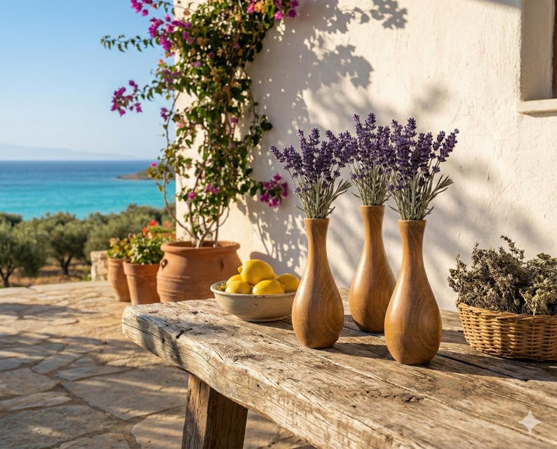 Puede incluir: Tres jarrones de madera con ramitas de lavanda sobre una mesa r&uacute;stica de madera. Un cuenco con limones y una cesta de mimbre con hierbas secas tambi&eacute;n est&aacute;n presentes. La escena se desarrolla al aire libre, con vistas al mar y una pared blanca con flores.
