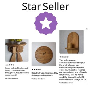 Puede incluir: Gr&aacute;fico de Etsy Star Seller con tres im&aacute;genes de productos: una estanter&iacute;a de madera con plantas, un reloj de madera y un candelabro de madera. El reloj tiene n&uacute;meros grabados. El vendedor tiene buenas rese&ntilde;as.