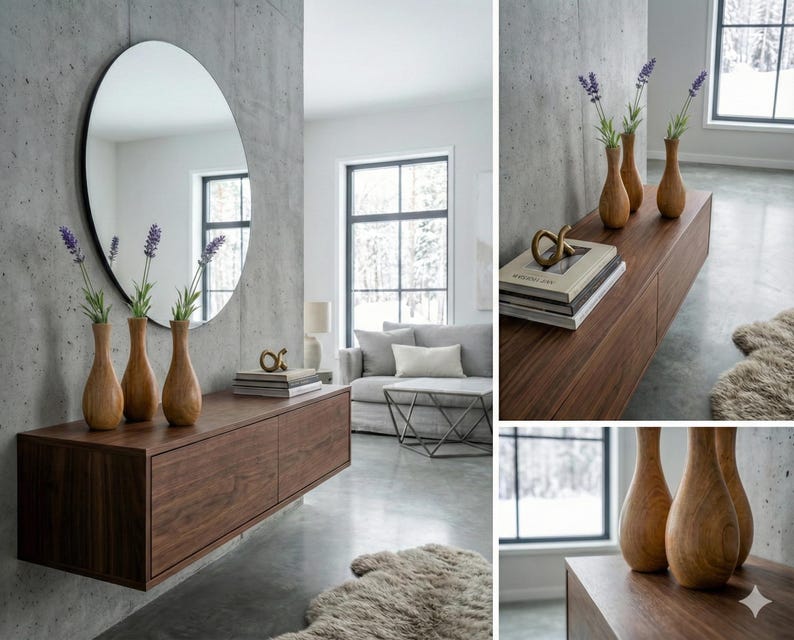 Puede incluir: Un sal&oacute;n moderno con un gran espejo redondo y un mueble flotante de madera. El mueble exhibe jarrones de madera con lavanda, libros y un objeto decorativo dorado. La habitaci&oacute;n tiene un dise&ntilde;o minimalista con una paleta de colores neutros.