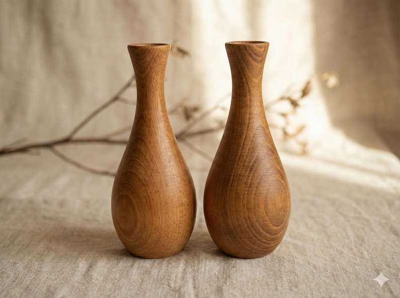 Puede incluir: Dos jarrones de madera con forma de l&aacute;grima y cuello estrecho. Los jarrones son de madera marr&oacute;n claro con vetas visibles. Se encuentran uno al lado del otro sobre una superficie de color neutro, con un fondo suave y natural.