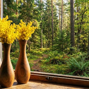 Puede incluir: Tres jarrones de madera con flores amarillas brillantes, colocados sobre una superficie de madera cerca de una ventana abierta. La ventana enmarca una exuberante escena de bosque verde con &aacute;rboles altos y un sendero. Los jarrones son de color marr&oacute;n c&aacute;lido.