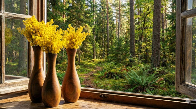 Puede incluir: Tres jarrones de madera con flores amarillas brillantes, colocados sobre una superficie de madera cerca de una ventana abierta. La ventana enmarca una exuberante escena de bosque verde con &aacute;rboles altos y un sendero. Los jarrones son de color marr&oacute;n c&aacute;lido.