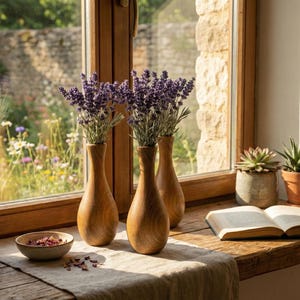 Puede incluir: Tres jarrones de madera con ramitas de lavanda sobre un alf&eacute;izar de madera. Un cuenco peque&ntilde;o con p&eacute;talos de rosa, un libro abierto y suculentas en macetas tambi&eacute;n est&aacute;n presentes. La escena est&aacute; ba&ntilde;ada por el sol, con un jard&iacute;n visible a trav&eacute;s de la ventana.