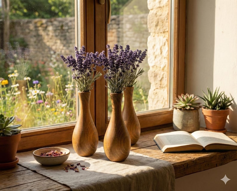 Puede incluir: Tres jarrones de madera con ramitas de lavanda sobre un alf&eacute;izar de madera. Un cuenco peque&ntilde;o con p&eacute;talos de rosa, un libro abierto y suculentas en macetas tambi&eacute;n est&aacute;n presentes. La escena est&aacute; ba&ntilde;ada por el sol, con un jard&iacute;n visible a trav&eacute;s de la ventana.