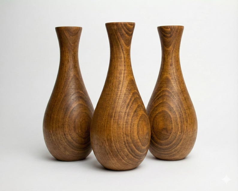 Puede incluir: Tres jarrones de madera con forma de l&aacute;grima. Los jarrones son de madera marr&oacute;n claro con vetas visibles. Cada jarr&oacute;n tiene un cuello estrecho y una base m&aacute;s ancha, sobre una superficie blanca.
