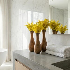 Puede incluir: Un ba&ntilde;o moderno con una ba&ntilde;era ovalada blanca, una encimera de hormig&oacute;n y un espejo grande. Tres jarrones de madera contienen flores amarillas. Toallas blancas y un dispensador de jab&oacute;n est&aacute;n en la encimera.