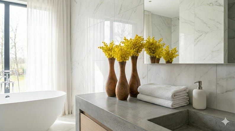 Puede incluir: Un ba&ntilde;o moderno con una ba&ntilde;era ovalada blanca, una encimera de hormig&oacute;n y un espejo grande. Tres jarrones de madera contienen flores amarillas. Toallas blancas y un dispensador de jab&oacute;n est&aacute;n en la encimera.
