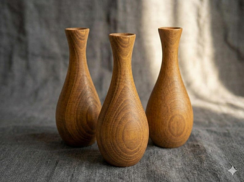 Puede incluir: Tres jarrones de madera con forma de l&aacute;grima y cuello estrecho. Los jarrones son de madera marr&oacute;n claro con vetas visibles. Los jarrones est&aacute;n dispuestos en formaci&oacute;n triangular sobre un fondo gris.