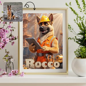 Dog Portrait as Builder – Custom Pet Art Gift for Him or Her | Custom Pet Art for Animal Lovers | Personalized Funny Animal Art