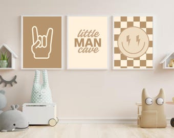 Little Man Cave-afdruk, poster neutraal, geruite smiley, poster jongens, jongens muurkunst, jongens kinderkamer decor, peuterposters, neutraal bruine muurkunst, spelen