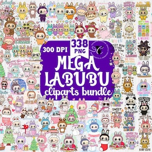 Kawaii Labubu-clipartbundel png | 338 schattige konijntjes | Digitale pastelkleurige stickers | Grafische kerst-Halloweenplanner | Bundel png