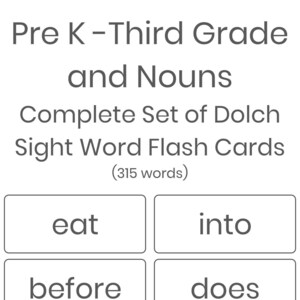 Printable Pre-K Through Third Grade and Nouns Dolch Sight Words Flash Cards, 315 words - INSTANT DOWNLOAD