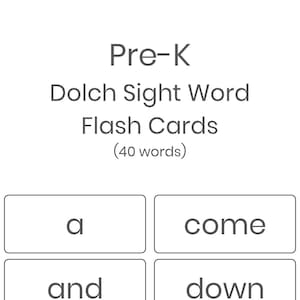 Printable Pre-K Dolch Sight Words Flash Cards, 40 words INSTANT DOWNLOAD image 1