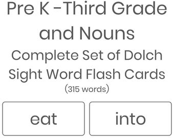 Printable Pre-K Through Third Grade and Nouns Dolch Sight Words Flash Cards, 315 words - INSTANT DOWNLOAD