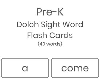 Printable Pre-K Dolch Sight Words Flash Cards, 40 words - INSTANT DOWNLOAD