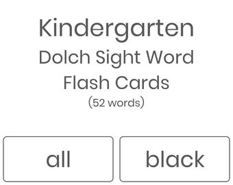 Printable Kindergarten Dolch Sight Words Flash Cards, 52 words - INSTANT DOWNLOAD