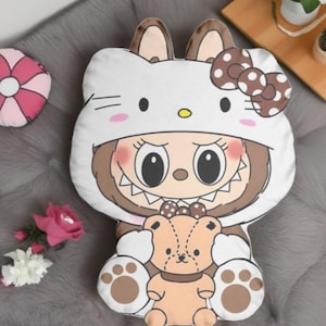 Custom Cute Labubu X hello kitty Character Pillow  Soft Plush Cartoon Doll | Funny Labubu Plushie with Drink | Kawaii Room Decor or Gift