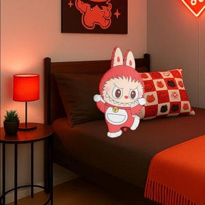 Custom Cute Red Labubu Character Pillow  Soft Plush Cartoon Doll | Funny Labubu Plushie with Drink | Kawaii Room Decor or Gift