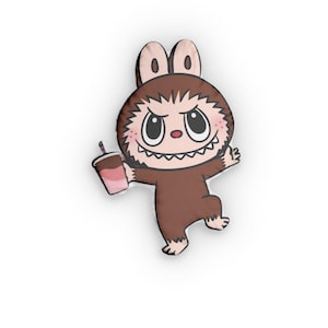 Custom Cute Labubu Character Pillow  Soft Plush Cartoon Doll | Funny Labubu Plushie with Drink | Kawaii Room Decor or Gift