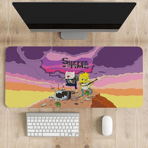 May include: A purple and pink sunset scene with two cartoon characters, one with a guitar and the other with a microphone, standing on a cliff. The text "SUFFER TIME" is written in black above them.