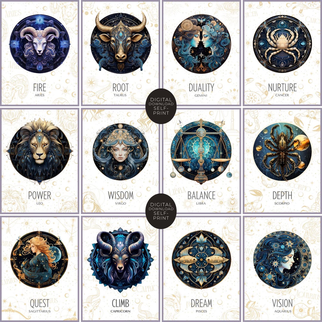 Boho Zodiac Sign Prints: Astrology Celestial Wall Art (digital