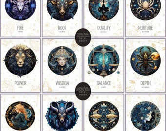 May include: A collection of twelve digital download art prints featuring zodiac signs. Each print showcases a detailed illustration within a circular frame, with text labels such as "Fire," "Root," and "Power." The color palette is dominated by blues and golds.