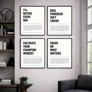 Puede incluir: Cuatro carteles motivacionales enmarcados con marcos negros y fondos blancos. Cada cartel tiene un título en negrita en negro: "1% BETTER EVERY DAY", "REAL PROGRESS ISN'T LINEAR", "CULTIVATE YOUR CHAMPION MINDSET" y "FOCUS ON WHAT MATTERS."
