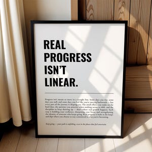 May include: A framed print with the text "REAL PROGRESS ISN'T LINEAR" in a bold, sans-serif font. The print includes a paragraph of text below the title and the phrase "Keep going - your path is unfolding, even in the places that feel uncertain."