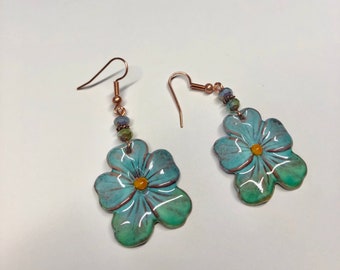 Flower Earrings, Soft Mint Pansy Drop Earrings, Enamel  Floral Dangle Earrings, Mother’s Day Gift, Cute Earrings, Bridesmaid Jewelry DEE-001