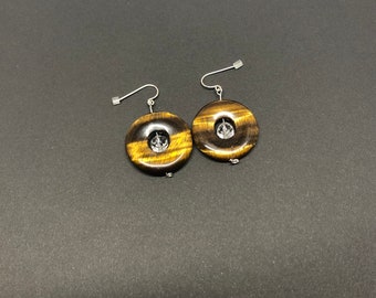 Round Dangle Earrings, Tigereye Disc Earrings, Circle Drop Earrings, Mother’s Day Gift, Cute Earrings, Amber Women’s Drop Earrings, DE-007