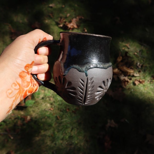 Handmade Floral Carved Ceramic Mug, Dark Aesthetic Floral Mug, Halloween Coffee Mug, Witches Mug, Halloween Gifts