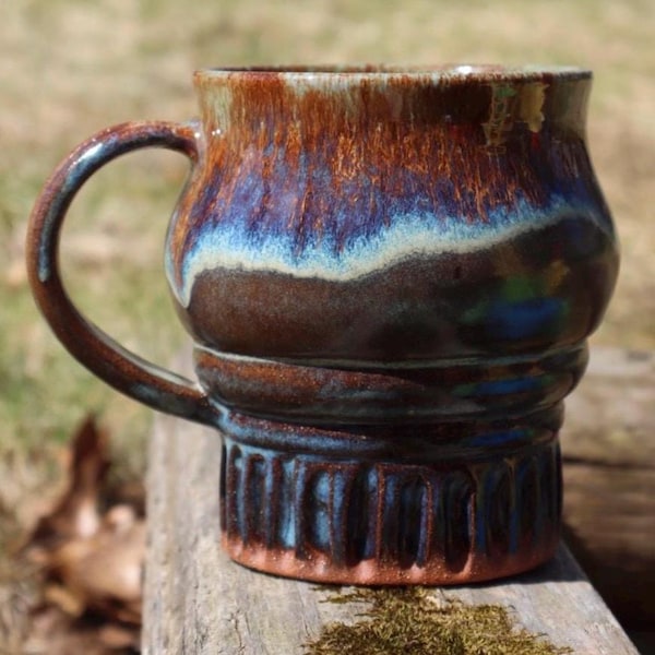 Handmade Carved Ceramic Mug: Pottery Coffee Cup, Food/Dishwasher Safe