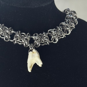 Op de afbeelding: Een zilveren maliënkolder choker ketting met een hanger van een grote, gebroken witte tand. De ketting wordt getoond op een zwarte mannequin. De maliënkolder is gemaakt van kleine, in elkaar grijpende metalen ringen.
