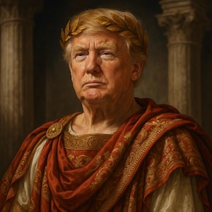 May include: A portrait of a person wearing a gold laurel wreath and a red and gold embroidered toga. The person has a serious expression. The background features classical columns.