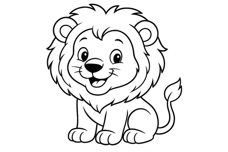 Puede incluir: Un dibujo en blanco y negro de un cachorro de le&oacute;n de dibujos animados con una gran sonrisa. El cachorro de le&oacute;n est&aacute; sentado con la cola enroscada alrededor de su cuerpo.
