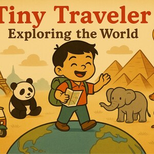 May include: A cartoon illustration of a young traveler with a backpack, holding a map, standing on a globe with landmarks like the Eiffel Tower, the Pyramids of Giza, and a panda bear. The text "Tiny Traveler Exploring the World" is at the top of the image.