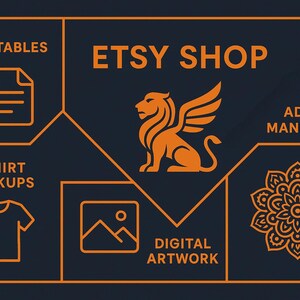 Puede incluir: Gr&aacute;fico naranja con el texto "Etsy Shop" en el centro. El gr&aacute;fico est&aacute; dividido en seis secciones, cada una con un icono y un texto diferentes. Las secciones incluyen "Imprimibles", "Maquetas de camisetas", "Arte digital", "Mandala para adultos", un le&oacute;n alado y un dise&ntilde;o de mandala.