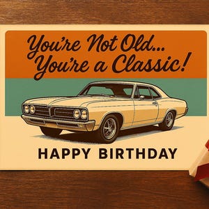 Carte d'anniversaire de voiture classique imprimable - Design automobile rétro vintage - Style carte postale horizontale - Téléchargement instantané - Cadeau d'anniversaire pour adulte