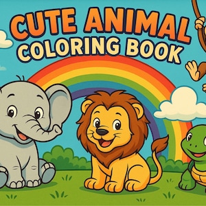 Puede incluir: Un libro para colorear con el t&iacute;tulo "Cute Animal Coloring Book" que presenta ilustraciones de un elefante gris, un mono marr&oacute;n, un le&oacute;n amarillo y una tortuga verde. Las ilustraciones est&aacute;n sobre un fondo de arco&iacute;ris y nubes.