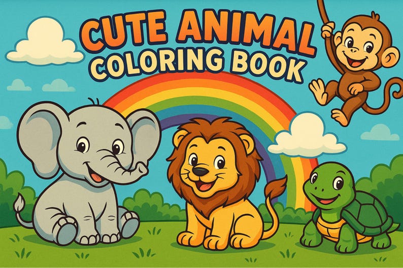 Puede incluir: Un libro para colorear con el t&iacute;tulo "Cute Animal Coloring Book" que presenta ilustraciones de un elefante gris, un mono marr&oacute;n, un le&oacute;n amarillo y una tortuga verde. Las ilustraciones est&aacute;n sobre un fondo de arco&iacute;ris y nubes.