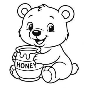 Puede incluir: Una ilustraci&oacute;n de dibujos animados en blanco y negro de un oso sosteniendo un tarro de miel que dice "Honey" en la parte delantera.